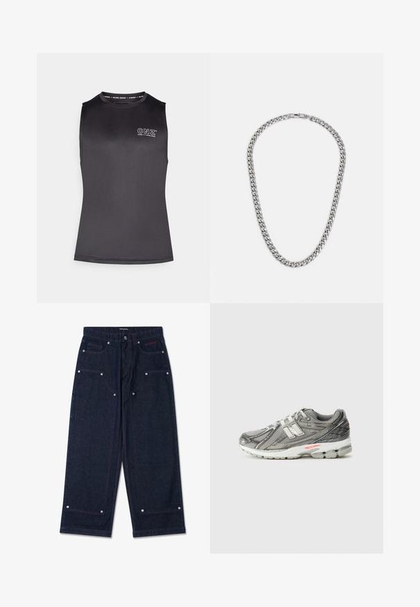 Top senza maniche nero realizzato in un tessuto morbido e elastico. Presenta un collo rotondo e un logo stampato sul davanti. Design minimalista.; Pantaloni a gamba larga in denim scuro con due tasche frontali, dettagli in metallo argentato e cuciture rosse in contrasto. Caratterizzati da una chiusura a bottone e logo del marchio.; Scarpa sportiva grigia con una tomaia in rete e dettagli sintetici, suola ammortizzata e logo riflettente. Progettata per comfort e supporto.; Collana in argento con maglie intrecciate, finitura liscia e chiusura a gancio. Il design è uniforme e leggermente spesso.