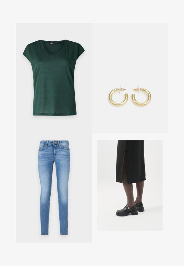 Dunkelgrünes Kurzarmoberteil mit rundem Ausschnitt, gefertigt aus schimmerndem Material. Glatte Textur mit lockerer Passform.; Slim-Fit hellblaue Jeans im Denim-Stil mit mittelhohem Bund, vorderem Knopf und Fünf-Taschen-Design.; Schwarze Lederschuhe mit abgerundetem Zeh, dicker Blockabsatz und elastischen seitlichen Akzenten, kombiniert mit dunklen Strumpfhosen und einem schwarzen Rock mit Schlitz.; Goldene Creolen mit einer glatten, glänzenden Oberfläche. Zirkuläres Design mit einem kleinen Stecker und einer klaren Rückseite für einen sicheren Sitz.