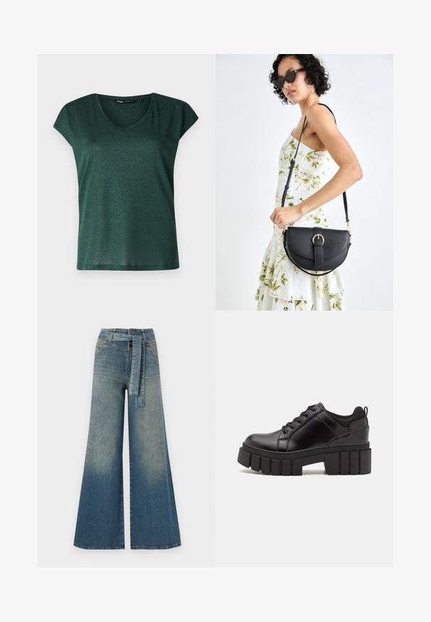 Temno zeleni kratkosleevedni top z okroglo izrezom, izdelan iz svetleče tkanine. Gladka površina z udobnim krojem.; Široke jeans hlače z gradientom od svetlo do temno modre, visokim pasom, zankami za pas in pasom iz istega materiala. Tekstura denim končnica.; Črne usnjene platforme z debelim blokastim petam, okroglo konico in klasičnim vezanjem. Imajo gladko teksturo in minimalne podrobnosti.; Črna usnjena torbica s ukrivljeno obliko, z odstranljivo naramnico in zlatimi dodatki. Torbica ima pokrov s podrobnostmi v obliki zaponke.