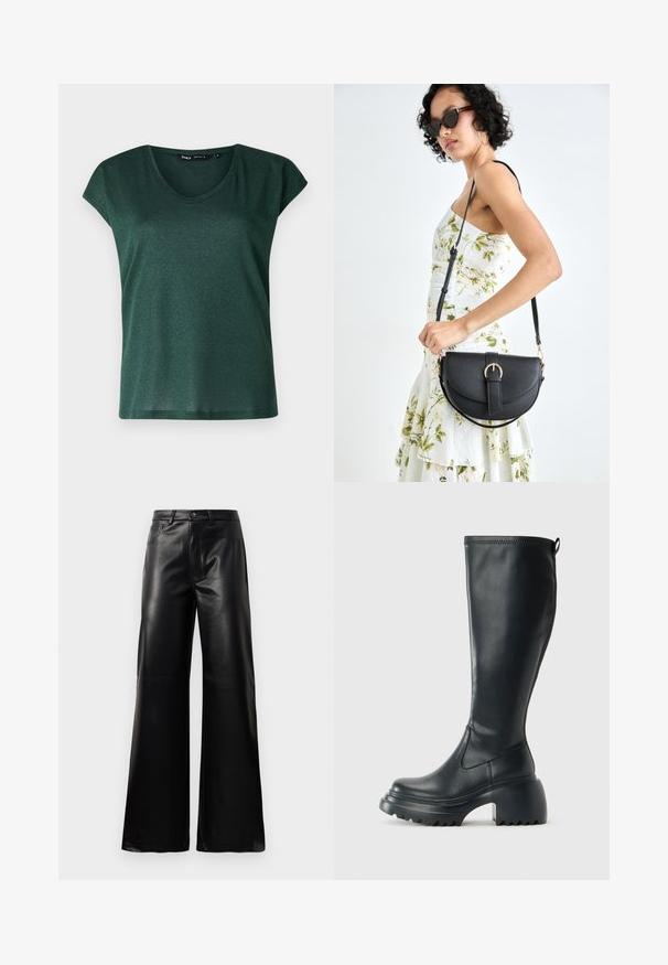 Temno zeleni kratkosleevedni top z okroglo izrezom, izdelan iz svetleče tkanine. Gladka površina z udobnim krojem.; Črne široke hlače iz umetnega usnja z visokim pasom, sprednjim gumbom, zadrgo, zanke za pas in stranskimi žepi na beli podlagi.; Visoka črna usnjena škornja s debelim podplatnim solejem in blok peto, opremljena s potegom in strukturiranim profilom na podplatu.; Črna usnjena torbica s ukrivljeno obliko, z odstranljivo naramnico in zlatimi dodatki. Torbica ima pokrov s podrobnostmi v obliki zaponke.