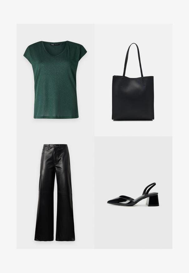 Top corto de color verde oscuro con cuello redondo, hecho de un material brillante. Textura suave y corte relajado.; Pantalones de imitación de cuero negros de cintura alta y pierna ancha con botón frontal, cierre de cremallera, pasadores para cinturón y bolsillos laterales sobre fondo blanco.; Zapatos de tacón slingback de charol negro con punta afilada y tacón geométrico en bloque. Presentan un diseño elegante y minimalista, así como una textura suave.; Bolso tote de cuero negro con textura lisa, forma rectangular y dos asas largas. Sin herrajes ni adornos visibles.