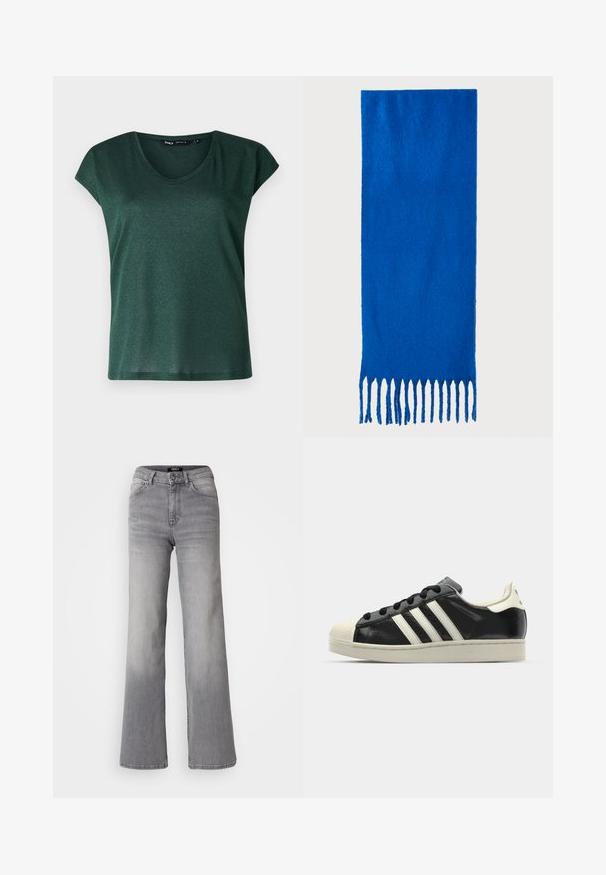 Top corto a maniche corte di colore verde scuro con scollatura rotonda, realizzato in un materiale luminoso. Tessuto morbido con un fit rilassato.; Jeans in denim grigiop con vita alta e gamba dritta, con bottone e cerniera frontali, tasche anteriori e posteriori, e sfumature sbiadite su cosce e polpacci.; Sneaker in pelle nera con strisce bianche, punta in gomma, lacci neri e suola di colore crema. Texture liscia con finitura brillante.; Sciarpa blu con frange, realizzata in tessuto morbido; presenta un colore uniforme con una superficie testurizzata e frange tagliate in modo uniforme nella parte inferiore.