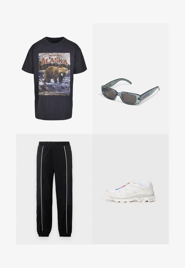 Musta puuvillapaita, jossa on karhun ja kalan grafiikka, tekstillä "Alaska" ja "Viimeinen rajamaa". Lyhyet hihat, rento malli.; Mustat collegehousut, joissa on valkoiset sivuviirut, joustava vyötärö ja hupit. Valmistettu pehmeästä, teksturoidusta kankaasta mukavuutta ja joustavuutta varten.; Valkoiset urheilukengät, joissa on teksturoitu verkkomateriaali, heijastavat yksityiskohdat ja pehmustettu pohja. Huomattava brändilogo sivussa.; Santa Cruz INFERNO UNISEX - Aurinkolasit - crystal black