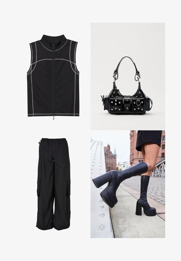 Czarna bezrękawnik wykonana z gładkiego materiału, z detalami srebrnego przeszycia i zamkiem błyskawicznym z przodu, zaprojektowana z wysokim kołnierzem.; Czarne spodnie cargo z elastycznym pasem, luźny krój, lekką tkaniną, kieszeniami bocznymi oraz subtelnym, teksturowanym wykończeniem.; Czarne, sięgające kolan botki na platformie wykonane z gładkiej skóry, z grubymi kwadratowymi obcasami i eleganckim designem, w tle miejskim.; Czarna skórzana torebka w zakrzywionym kształcie, z srebrnymi ćwiekami, klamrą i dwoma bocznymi kieszeniami. Regulowany pasek umożliwiający różne opcje noszenia.