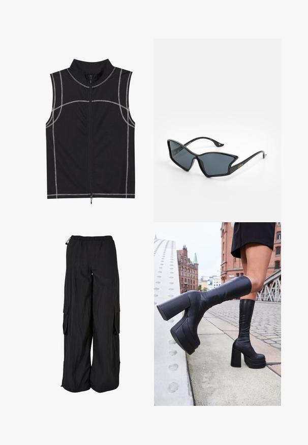 Svart ermeløs vest laget av et glatt stoff, med sølvtråd detaljer og glidelås foran, designet med høy krage.; Svarte cargo-bukser med elastisk liv, løs passform, lett stoff, sidelommer og en subtil teksturering.; Sorte knelang støvler med platå, laget av glatt lær, med tykke firkantede hæler og et slankt design, satt mot en bybakgrunn.; Sorte plastiske solbriller med en geometrisk katteøyeform, grå linser og gullakenter på armene. Glatt tekstur gjennom hele rammen.