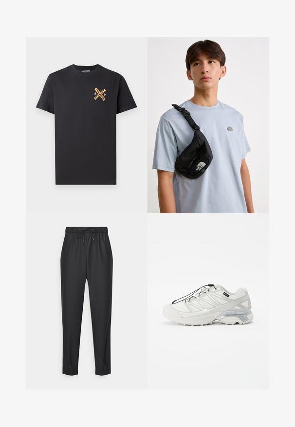 Černé bavlněné tričko se stylovým designem v oranžové barvě, které zobrazuje slova "ELEMENT" a "REMEMBER" v křížovém vzoru na hrudi.; Černé joggingové kalhoty vyrobené z měkkého a elastického materiálu. Mají elastický pas s šňůrkou, zúžené nohavice a manžety na kotnících.; Bílé sportovní boty s texturovaným síťovým svrškem, reflexními akcenty a polstrovanou podrážkou. Obsahují elastické tkaničky a šedé detaily.; Černá nylonová crossbody taška s nastavitelným popruhem, vybavená výrazným bílým logem. Nošena přes světle modré tričko. Jednoduchý, funkční design.
