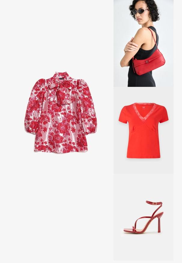 Punainen t-paita lyhyillä hihoilla ja V-kaula-aukolla, jossa on pitsireunus. Pehmeä kangas, istuva malli ja koristeompeleet saumoissa.; Punainen kukkakuvioinen paita, jossa on pussihihat, korkea kaulus ja rusettiyksityiskohta. Valmistettu kiiltävästä kankaasta, jossa on suuri kuvio isoista kukista vaaleanpunaisella pohjalla.; ALDO SCINTILLA - Korolliset sandaalit - red; Punainen nahkainen olkalaukku, jossa on sileä rakenne, kaareva muotoilu ja koristeellinen solki. Säädettävä hihna ja vetoketjukiinnitys.