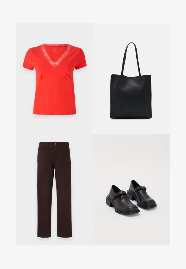 T-shirt rossa a maniche corte con scollatura a V e bordo in pizzo. Tessuto morbido, forma aderente e cuciture decorative lungo le cuciture.; Pantaloni di cotone marroni con design a gamba dritta, due tasche frontali e chiusura a bottone in vita. Tessuto liscio senza motivi visibili.; Scarpe in pelle nera con punta arrotondata, suola piatta e una cintura con dettaglio fibbia. Tacco a blocco spesso per una maggiore stabilità.; Borsa tote in pelle nera con texture liscia, forma rettangolare e due manici lunghi. Nessun hardware o decorazione visibile.