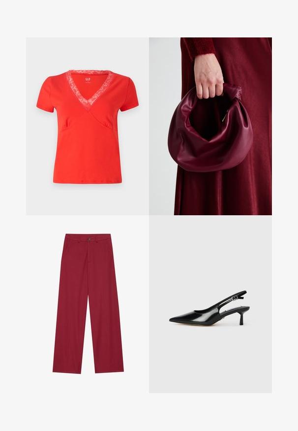 Rød t-skjorte med korte ermer og V-hals med blondekant. Myk stoff, tettsittende fasong og dekorativ søm langs sømmene.; Vide ben bukser laget av glatt, teksturert stoff i en dyp rød farge. Har frontlommer og en enkelt knappelukking i midjen.; Sorte patent lær slingback hæle med spids tå, tynd hæl og justerbar spænde. Glat tekstur med minimal detaljer.; Bordeaux lærhåndveske med et mykt, samlet design og avrundet form. Håndtaket er festet, og viser en glatt tekstur.