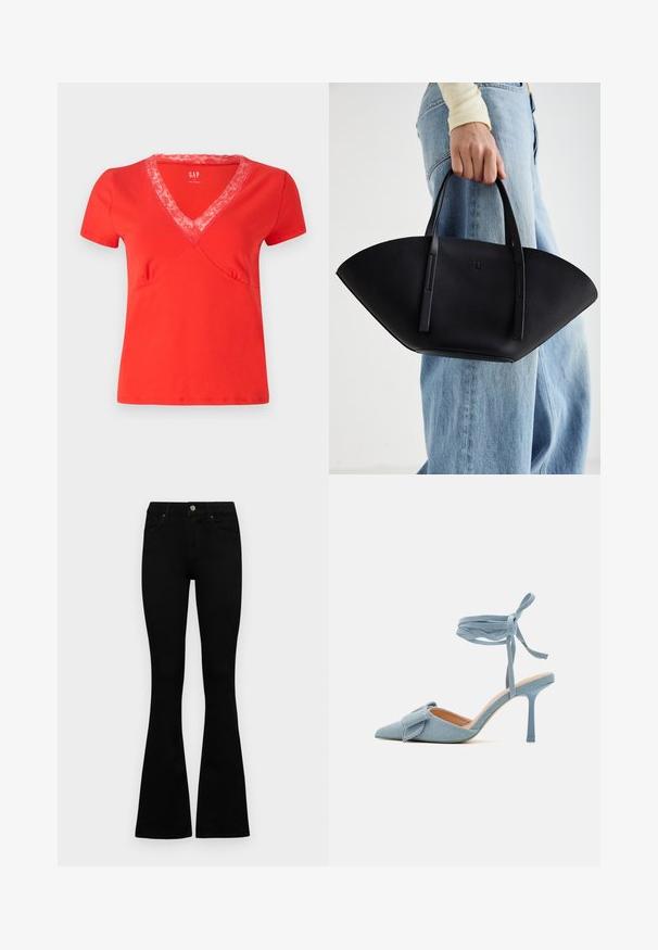 Tricou roșu cu mâneci scurte și decolteu în V, având o dantelă decorativă. Material moale, formă ajustată și cusături decorative pe margini.; Jeans negri cu talie înaltă, cu închidere prin nasture și fermoar, buzunare frontale și picioare evazate, așezați pe un fundal alb.; Pantof cu toc înalt, cu vârful ascuțit, dintr-un material light blue cu o textură fină, având o fundiță decorativă și o curea la gleznă pentru o ajustare sigură.; Geantă de piele neagră cu o formă unică de evantai, având mânere plate. Suprafața are o textură cu mici granule și un design minimalist.