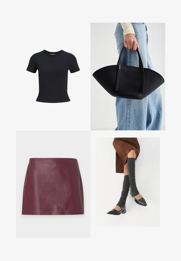 T-shirt preto de manga curta feito de algodão suave, com gola redonda e silhueta ajustada. Design simples e de cor sólida.; Mini saia em couro borgonha liso com corte reto e sem embelezamentos ou fechos visíveis.; Sapatos pretos de pele lacada com biqueira pontuda, salto bloco e tiras no tornozelo, combinados com caneleiras cinzas em malha e uma saia de camurça castanha.; Bolsa de mão em couro preto com uma forma única em leque, apresentando alças planas. A superfície tem uma textura pebble e um design minimalista.