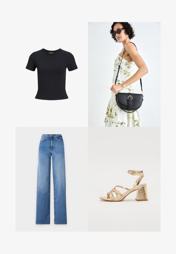 Black short-sleeve t-shirt made of smooth cotton, featuring a round neckline and a fitted silhouette. Simple, solid color design.; Light blue wide-leg jeans made of denim, featuring a high waist, front pockets, and a standard button closure. Smooth texture.; Gold metallic heeled sandals featuring a strappy design, square block heel, and adjustable ankle strap with a buckle. Smooth texture.; Black leather handbag with a curved shape, detachable strap, and gold hardware. The bag features a flap with a buckle detail.