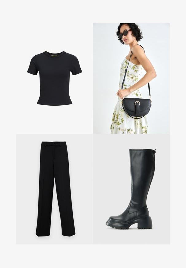 Musta lühikeste varrukatega T-särk, mis on valmistatud siledast puuvillast, ümmarguse kaelusega ja kitsastes lõikedega. Lihtne, ühetoaline disain.; Musta laiad püksid siledast kangast, millel on klassikaline vöökoht, nööbiga sulgemine ja ees voldid.; Kõrge must nahksaapad, millel on massiivne platvormi tald ja blokk-kand, varustatud tõmbenööriga ja tekstuuriga väljatõmbejääk.; Mustmust mustraha kõverate joontega, eemaldatava rihmaga ja kuldsete detailidega. Kotil on klapp, millel on pandladetail.