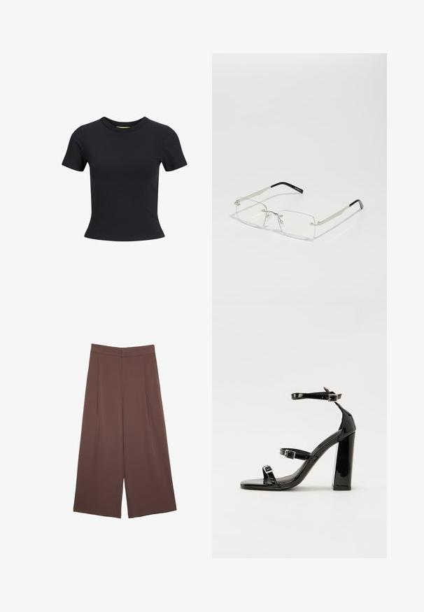 Černé tričko s krátkým rukávem vyrobené z hladké bavlny, s kulatým výstřihem a přiléhavým střihem. Jednoduchý design v jednobarevném provedení.; Hnědé široké kalhoty s hladkou texturou, vysokým pasem a předními záhyby. Materiál je lehký a volně splývá.; Černé lakované sandály na podpatku se čtveratou špičkou, lýtkovými pásky a stříbrnými přezkami. Disponují masivním blokovým podpatkem pro stabilitu.; Obdélníkové brýle s průhlednými skly, s tenkým stříbrným kovovým rámečkem a černými acetátovými koncovkami. Obsahují minimální komponenty pro elegantní design.; Černá kožená kabelka s křivkovým tvarem, odnímatelným popruhem a zlatými detaily. Kabelka má klopu s přezkou.
