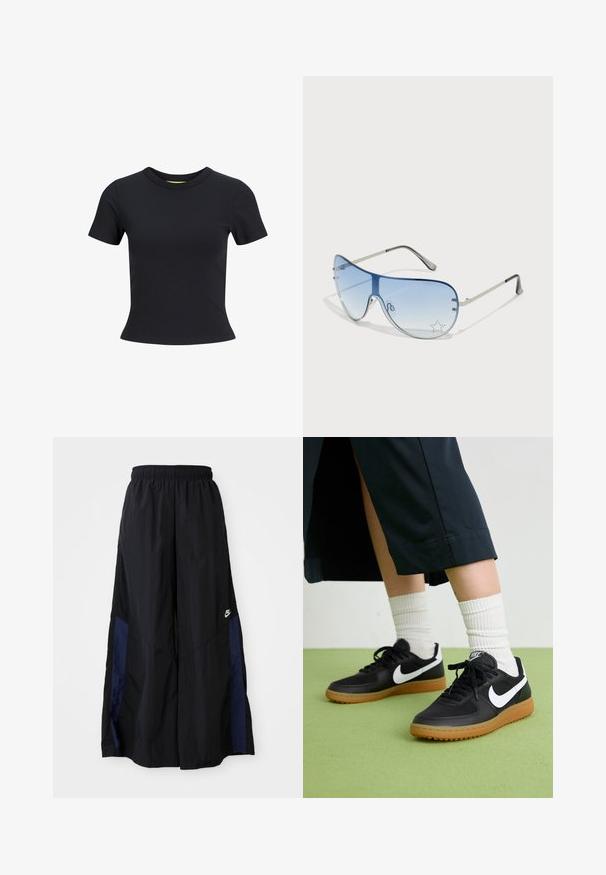 Črna majica s kratkimi rokavi, izdelana iz gladkega bombaža, z okroglo ovratnico in oprijetim krojem. Preprost, enobarven dizajn.; Črne široke hlače iz lahkega materiala, z morsko modrim stranskim panelom in elastičnim pasom. Majhna bela oznaka na dnu.; Črne usnjene in sintetične superge z belim Nike swooshom, gumo na podplatu, okroglo konico ter črnimi vezalkami. Vidne so rebraste bele nogavice.; Pilotne sončne očala z gradijentnimi modrimi lečami, srebrnim kovinskim okvirjem in okrasnimi zvezdastimi detajli na lečah. Gladek in eleganten dizajn.