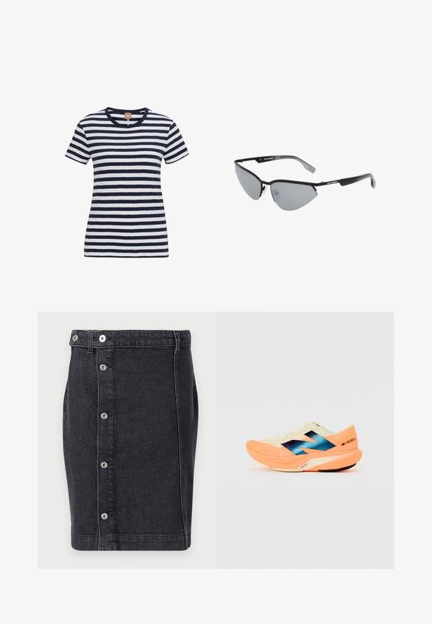 T-shirt w paski w kolorze granatowym i białym, wykonany z miękkiej bawełny, z okrągłym dekoltem i krótkimi rękawami, o dopasowanym kroju i subtelnym logo.; Czarna dżinsowa spódnica o prostym kroju, z metalowymi zatrzaskami na przodzie i subtelnymi detalami szwów.; Buty biegowe z lekką kremową cholewką, niebieskim logo i pomarańczowymi akcentami na podeszwie. Siatkowa tekstura dla lepszej wentylacji.; Czarne okulary przeciwsłoneczne w kocim kształcie. Srebrne lustrowane soczewki. Smukłe, lekkie plastikowe oprawki z dyskretnym oznakowaniem na zausznikach.