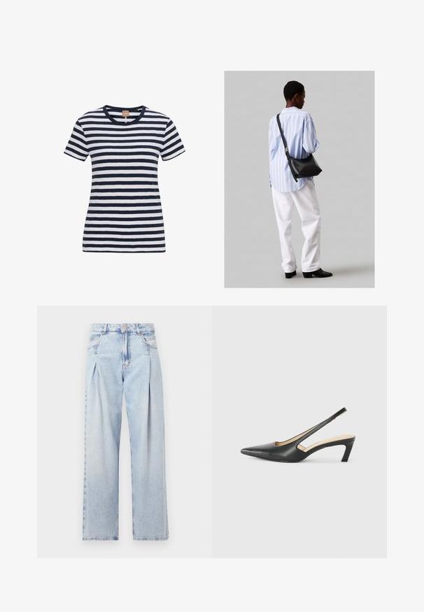 Marineblå og hvite stripete t-skjorte laget av myk bomull, med rund hals og korte ermer, i en tettsittende silhuett med subtilt logo-merke.; Lyseblå denimjeans med høy livlinje, vide ben, to sidelommer og plisserte detaljer. Myk tekstur med en falmet finish.; Svart spiss tå slingback-sko med lav hæl, laget av jevnt skinnmateriale og med utskåret design på siden for pusteevne.; Svart lær skulderveske med en myk tekstur, trekantet form og justerbar stropp, kombinert med en lyseblå stripete skjorte og hvite bukser.