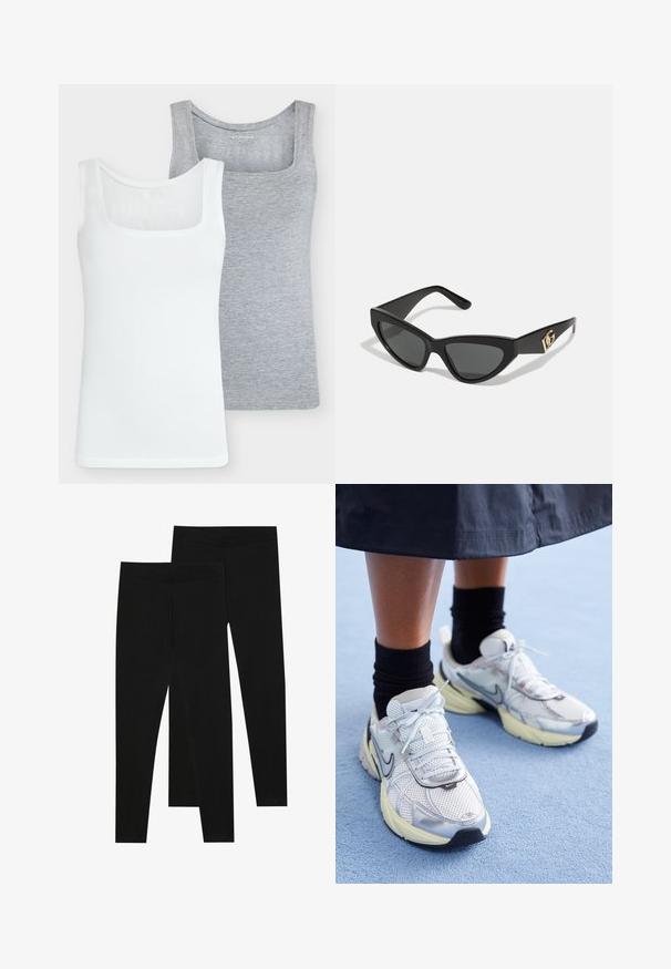 Zwei Tanktops: eines in Weiß, das andere in Hellgrau. Beide haben ein quadratisches Dekolleté, sind ärmellos und aus weichem Baumwollmaterial mit taillierter Form.; Schwarze Leggings aus dehnbarem Stoff, mit einem nahtlosen Bund und einer schmalen Passform, geeignet für Freizeit oder Sport.; Weiße und silberne Nike-Sneaker aus Mesh-Gewebe, mit reflektierenden Akzenten und einer beigen Sohle. Getragen mit schwarzen Socken und stehend auf einer blauen Fläche.; Cat-Eye-Sonnenbrille mit mattem schwarzen Kunststoffrahmen, dunklen Gläsern und einem goldenen Logoplatz auf dem Bügel. Winkeliges Design und glatte Oberfläche.