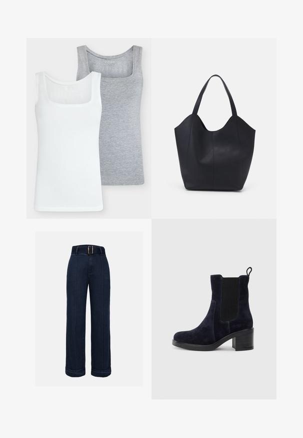 Kaks topit: üks valge ja teine heledat halli. Mõlemal on ruudukujuline kaelus, varrukateta disain ja pehme puuvillane materjal, mis on vormitud ja keha lähedane.; Tumedate sinised kõrge vöökohaga laiad teksad, millel on vööga vöökoht, kontrastõmblused ja rullitud lõpp.; Tumedat siniset nahast sääre pooled saapad elastse külgpaneeliga, ümmarguse ninaga ja blokkninaga. Tekstuuriga kangas ja siledad tallad lisavad kontrasti.; Must must kinnas must rinna, millel on kaarjas avatud ülemine osa, kaks õlarihma ja minimalistlik disain.