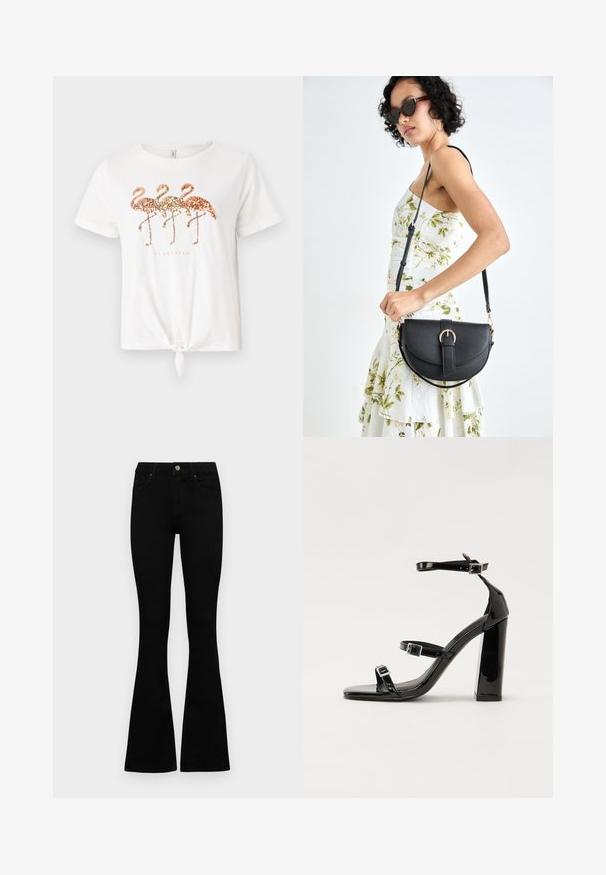 Witte katoenen t-shirt met drie paillettenflamingo's in goud, roségoud en perzik. Knoopdetail aan de onderkant. Korte mouwen.; Zwarte hoge taille jeans met een knoop- en ritssluiting, voorzakken en een flared pijp, plat gelegd op een witte achtergrond.; Zwarte gepatenteerde sandalen met hak en een vierkante neus, enkelbandjes en zilveren gespen. Heeft een stevige blokhak voor stabiliteit.; Zwarte leren handtas met een gebogen vorm, afneembare schouderband en gouden hardware. De tas heeft een klep met een gespsluiting.