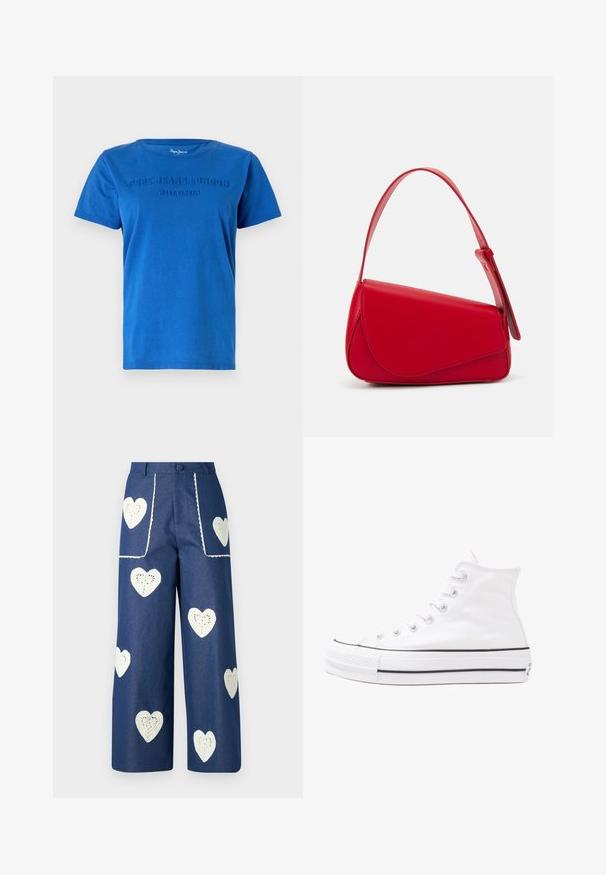 T-shirt de algodão azul com mangas curtas, apresentando texto em relevo "PEPE JEANS LONDON WEST ELEVEN" na parte da frente em cor correspondente.; Sister Jane HEART TO HEART - Calças de ganga de perna direita - blue denim; Sapatilha alta de tela branca com sola de borracha preta, bico de borracha na frente e seis ilhós para os atacadores, apresentando um design limpo e minimalista.; Bolsa de mão em couro vermelho com um design angular e geométrico. Apresenta uma única alça ajustável e um fecho com aba, com detalhes cosidos.
