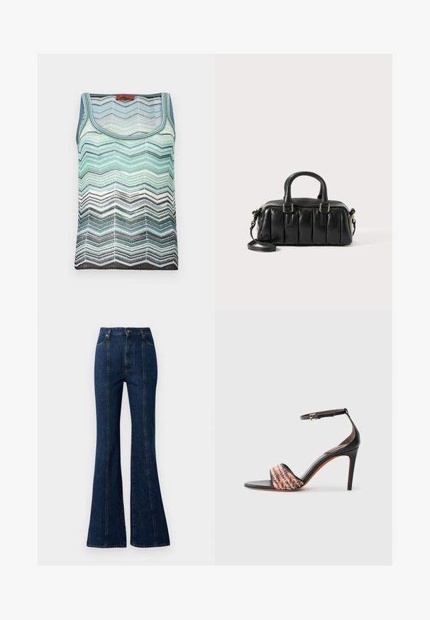 Striped tank top with a chevron pattern in shades of teal, white, and grey. Features a round neckline and a lightweight knit texture.; High-waisted flared jeans in dark blue denim, featuring front seams, a button closure, and traditional five-pocket styling.; Black heeled sandal with an ankle strap. Features a textured, multicolored fabric band across the toe. Smooth leather finish.; Black leather handbag with puffy design, two short handles, and a detachable shoulder strap. Gold-tone hardware accents.