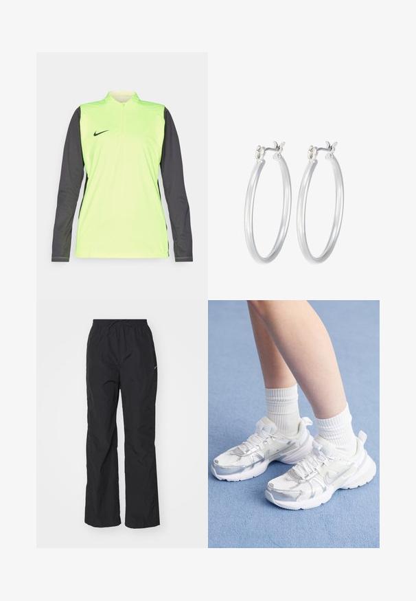 Dlhý rukáv športová mikina v neónovo žltej farbe s tmavosivými rukávmi. Obsahuje golier so štvrťzipsom a malým čiernym logom Nike na prednej strane.; Čierne, ľahké nohavice s elastickým pásom a šnúrkou. Majú textúrovaný povrch a malú reflexnú nášivku na boku.; Biele športové topánky s sieťovinou a syntetickými prekrytiami, so strieborným logom Nike, kombinované s rebrovanými bielymi ponožkami na modrom povrchu.; Strieborné kruhové náušnice s hladkým, lesklým povrchom. Kolový tvar a bezpečné klikanie na uzatváranie. Ľahký dizajn vhodný na každodenné nosenie.