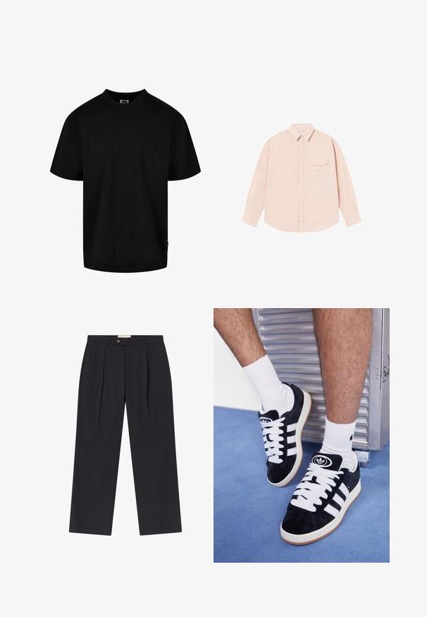 Melnā kokvilnas T-kreklu ar apaļu kakla izgriezumu un īsām piedurknēm, brīvā piegriezumā. Vienkāršs dizains, bez rakstiem vai grafikas.; Gaišs rozā garo piedurkņu krekls, izgatavots no mīksta auduma, ar pogājamu kaklu, priekšējo kabatu un nedaudz izšūtu logo uz krūtīm.; Pielāgoti tumši zilie bikses ar augstu jostasvietu, divām priekšējām krokām, pogu aizdari un taisnām kājām no gludas auduma.; Melni zamšaini sporta apavi ar baltiem šņorēm un trim baltām svītrām. Iekļauj arī apaļu melnu logotipu uz mēles un gumijas zoli.