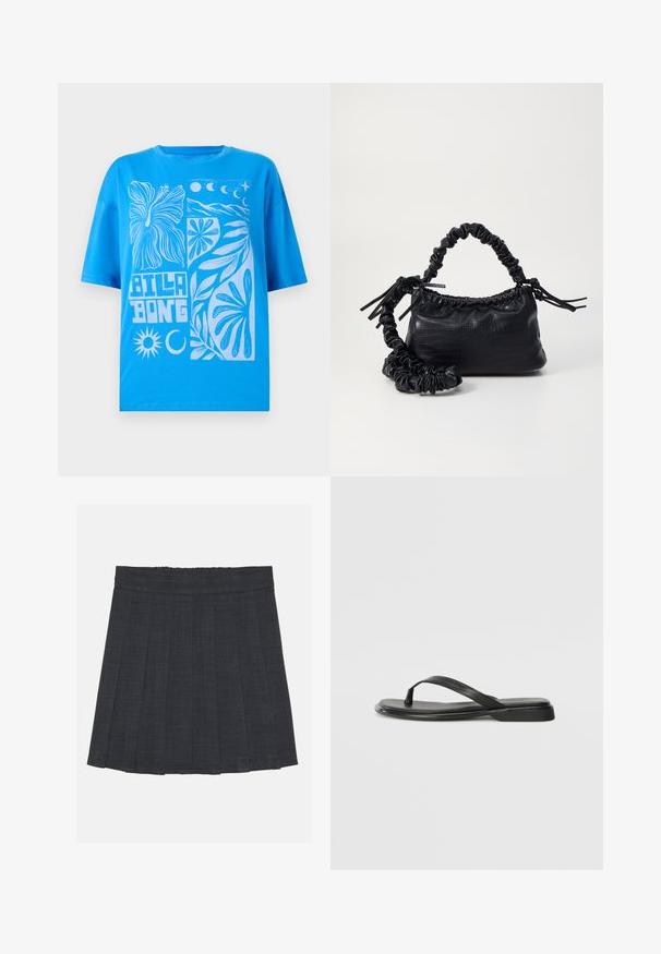 Modrá bavlněná tričko s oversized střihem, s bílým grafickým designem květin, slunce a měsíce. Kulatý výstřih a krátké rukávy.; Tmavě šedá plisovaná sukně s elastickým pasem, vyrobená z texturované látky a s klasickým A-čkovým střihem. Vhodná pro každodenní nošení.; Černé žabky vyrobené z hladké kůže, s tenkým designem popruhu a plochou podrážkou s minimálním profilem. Žádné výrazné vzory ani akcenty.; Černá kabelka z umělé kůže s krokodýlím vzorem, staženým vrškem a zmačkaným popruhem. Zdá se, že má měkký a kompaktní design.