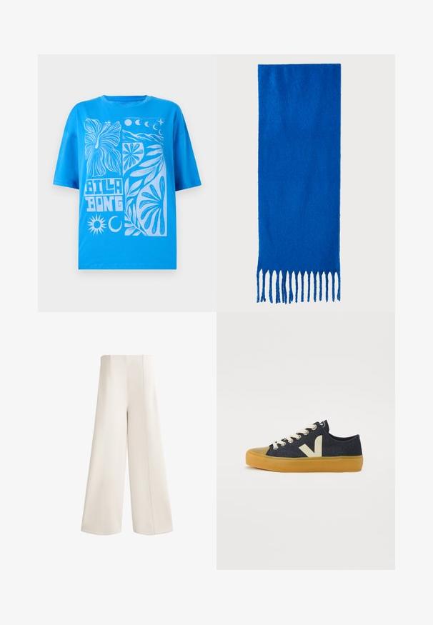 T-shirt din bumbac albastru cu croială supradimensionată, având un design grafic alb cu flori, soare și lună. Găură de gât tip crew și mâneci scurte.; Pantaloni cu croi larg dintr-un material moale de crem. Prezintă o talie înaltă, croieli drepte și cusături proeminente de-a lungul cusăturilor. Nu sunt vizibile buzunare.; Adidași cu talpă joasă din denim albastru, cu șireturi crem, o talpă din cauciuc galbenă și un logo „V” în contrast pe lateral.; Fular albastru cu ciucuri realizat dintr-un material moale; are o culoare solidă cu o suprafață texturată și ciucuri tăiați uniform în partea de jos.