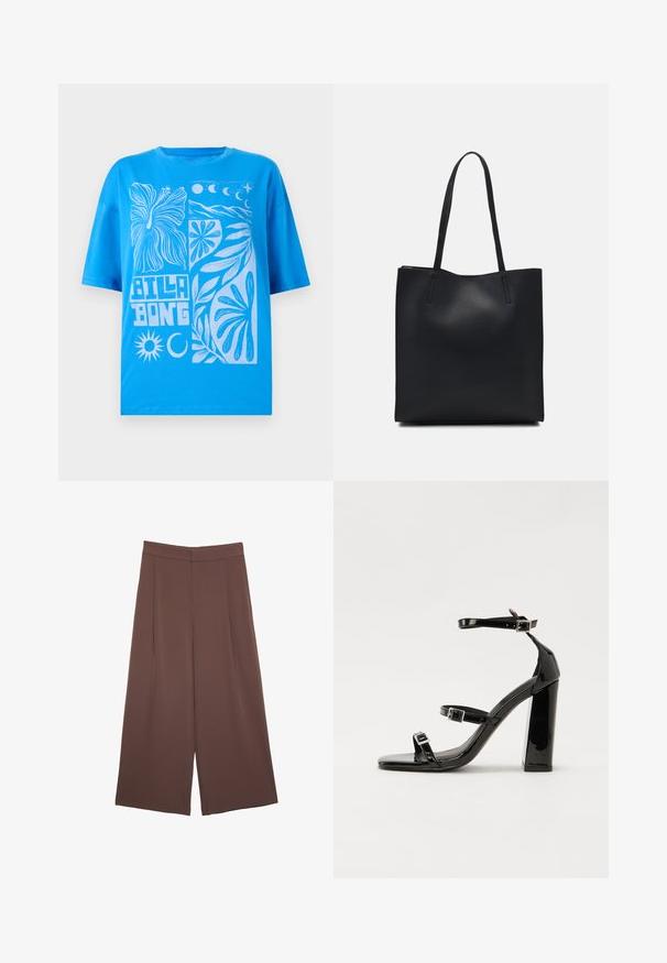 Blå bomulds t-shirt med oversized fit, med hvid grafisk design af blomster, sol og måne. Rund halsudskæring og korte ærmer.; Brune bredbunde bukser med en glat tekstur, der har høj talje og plisseringer foran. Stoffet er let og falder løst.; Sorte patenterede hælsandaler med firkantet tå, ankelremme og sølvspænder. Har en chunky blokHæl for stabilitet.; Sort læder tote taske med glat tekstur, rektangulær form og to lange hanke. Ingen synlig hardware eller udsmykninger.