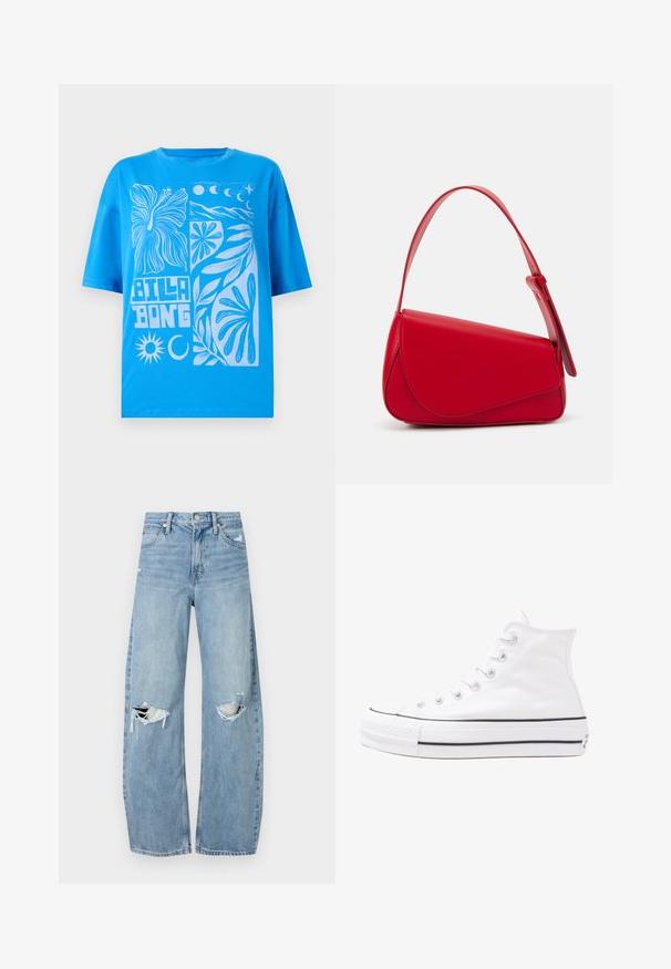 Blue cotton t-shirt with oversized fit, featuring white graphic design of flowers, sun, and moon. Crew neckline and short sleeves.; Light blue, high-waisted jeans made of denim. Feature wide legs, two torn knee areas, and classic five-pocket styling.; White high-top canvas sneaker with black rubber sole, front rubber toe cap, and six eyelets for laces, featuring a clean, minimalist design.; Red leather handbag with an angular, geometric design. Features a single adjustable strap and a flap closure with stitched detailing.