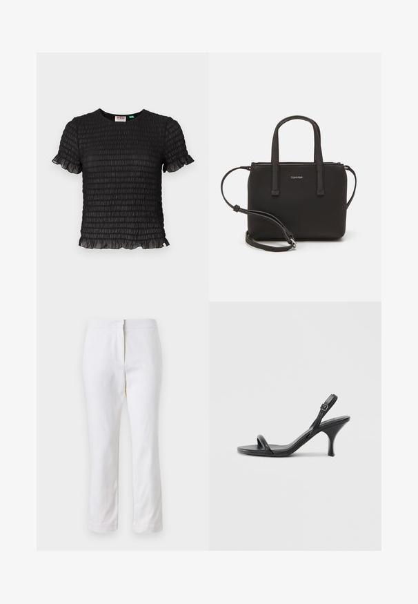 Must mustriga lühikeste varrukatega topsmokkega tekstuuriga ja volangiga alumine serv. Kerge, veidi läbi paistva kangaga, klassikaline ümmargune kaelus.; Valged puuvillased püksid sirge lõikega, keskmise kõrgusega vöökoht ja ilma nähtavate detailide või mustriteta. Ühtlane sile tekstuur.; Mustad nahast kõrgete kontsadega sandaalid, millel on saledad, kõverad kontsad ja ristatud rihma disain. Reguleeritav pahkluu rihm. Sile tekstuur.; Musthave mustrans vöö ja eemaldatav õlarihm. Gludike nahk siledaga, millel on tõmblukk ja logo detail.