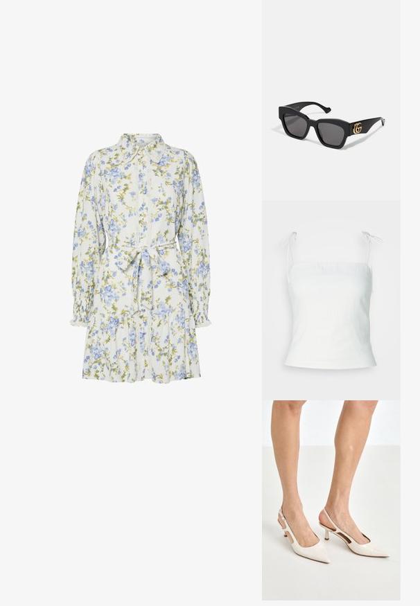 Weißes Leinen-Camisole mit verstellbaren Trägern, tailliertem Oberteil und leichtem Saum. Glatte Textur mit minimalistischer Gestaltung.; Blumenkleid in Weiß mit blauen und grünen Blumen, mit einem Kragen, durchgehender Knopfleiste, langen Ärmeln mit elastischen Bündchen und einem Taillengürtel.; Beige Lackleder Slingback-Absätze mit spitzem Fuß und 5 cm Absatz, mit ausgeschnittenen Seiten und einem schmalen Knöchelriemen.; Schwarze rechteckige Sonnenbrille mit dunklen Gläsern, mit goldenem GG-Logo an der Seite. Aus glänzendem Kunststoff mit geraden Bügeln.; Weißes Blumenhandtasche mit einer gerafften Stoffoberfläche, goldfarbener Kettenriemen und metallischem Verschluss. Mit strukturierten Blütenblättern für zusätzliche Details.; Perlen- und Kristallhalskette mit einem runden, perlenbesetzten Design in sanften Farbtönen, das abwechselnd Perlen und funkelnde Akzente zeigt, um den Hals getragen.