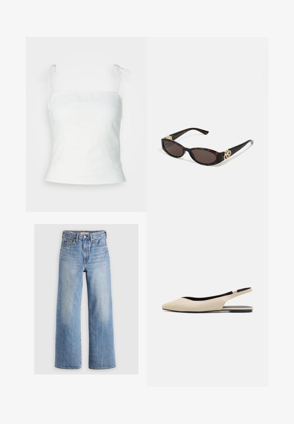 Fehér vászon top, állítható vállpántokkal, testhezálló felső résszel és enyhe ívvel a végén. Sima textúra, minimalista dizájnnal.; Hofmann Copenhagen EXCLUSIVE GENEVIVE - Felső - off white; Világoskék farmer, széles szárú nadrág magas derékkal, kopott területekkel, öt zsebbel és kontrasztos varrással. Klasszikus gombos és cipzáras záródás.; Beige bőr slingback laposságú cipők, hegyes orral, minimalista dizájnnal, sima felülettel és alacsony fekete talppal.; Tortából készült napszemüveg, hosszúkás ovális lencsékkel, barna színű árnyalattal, arany logóval a fülkagylón, és karcsú fekete szárakkal.; Fehér virágmintás kézitáska gyűrt szövet felülettel, aranyszínű lánccal és fémetaljzattal. Textúrázott szirmokkal készült a részletesebb megjelenés érdekében.