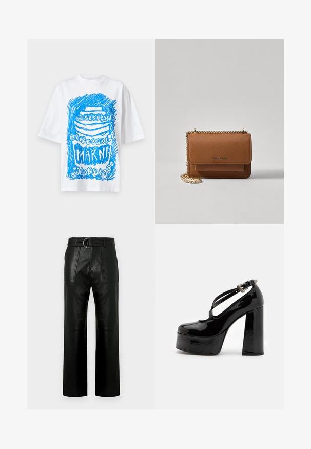 Witte t-shirt met korte mouwen, voorzien van een blauwe patroon cake graphic en de tekst "MARNI" in een vetgedrukt lettertype eronder.; Hoge taille zwarte leren broeken met brede pijpen, grote voorzakken en een bijpassende riem met dubbelringgesp.; The Kooples CHAUSSURES - Hoge hakken - black; Bruine lederen schoudertas met textuur, voorzien van een gouden kettingstrap en klepsluiting. De voorkant heeft een logo-detail en een zak onder de klep.