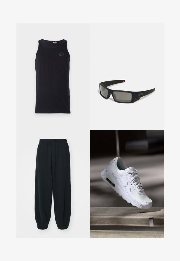 Camisola preta de algodão sem mangas com decote redondo. Apresenta um logótipo subtil impresso no peito. Textura suave, ajustamento casual.; Calças de fato de treino pretas, com cintura elástica e um corte solto, com punhos nas pernas, textura suave e sem padrões visíveis ou detalhes de metal.; Sapatilha Nike Air Max 90 branca com parte superior em malha e couro, caixa de dedos perfurada e uma unidade de ar visível no calcanhar.; Óculos de sol pretos com acabamento mate, lentes retangulares, leve curvatura nas hastes, detalhe sutil do logo e lentes de cor fumada.