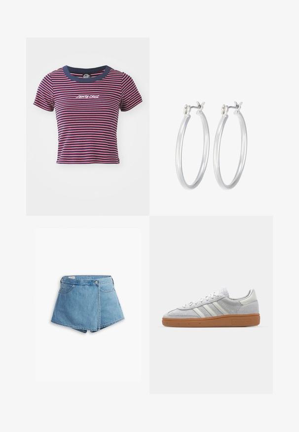 Randig kortärmad t-shirt i marinblått, rött och rosa. Har en enfärgad marinblå halsringning och broderad "SANTA CRUZ" logotyp på framsidan.; Jeansshorts i ljusblått, med en omslagdesign, framfickor och metallknappslutning. Snygg textur med sydda kanter.; Ljusgrå mockasnörsko med vita läderdetaljer, tre vita ränder och en brun gummisula, med en vadderad krage för extra komfort.; Silverfärgade hoopörhängen med en slät, polerad yta. Rund form och säker klickstängning. Lättviktig design som passar för vardagligt bruk.