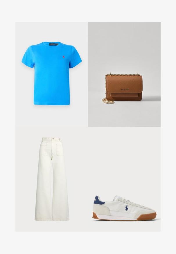 Maglietta di cotone blu con scollo rotondo e maniche corte. Logo rosso distintivo ricamato sul petto sinistro. Texture liscia.; Jeans a gamba larga in denim bianco sporco. Design a vita alta con chiusura a bottone, due tasche frontali e dettagli di cucitura a contrasto.; Sneaker bianco con dettagli in suede, particolare blu navy sul tallone e suola in gomma. Caratterizza con allacciatura tradizionale e logo ricamato sul lato.; Borsa a tracolla in pelle marrone con texture, dotata di catena dorata e chiusura a pattina. Sul davanti presenta un dettaglio con logo e una tasca sotto la pattina.