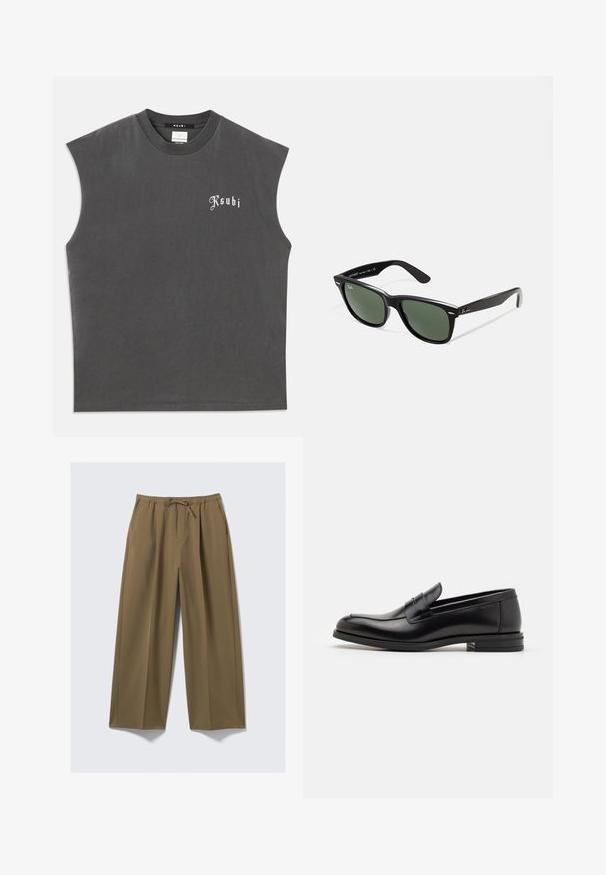 Camiseta cinza sem mangas com decote redondo, apresentando um logotipo branco "Ksubi" na frente. Feita de algodão macio com um corte descontraído.; Calças largas em verde oliva, feitas de tecido suave com um cós elástico e cordão ajustável. Apresenta dois bolsos laterais.; Mocassins de couro preto com uma textura suave, bico arredondado e uma faixa decorativa sobre o peito do pé. Salto baixo e empilhado, design minimalista.; Óculos de sol de plástico preto com lentes verdes, armações quadradas, detalhe prateado na sobrancelha e hastes texturizadas. Marca indicada na parte interna da haste.