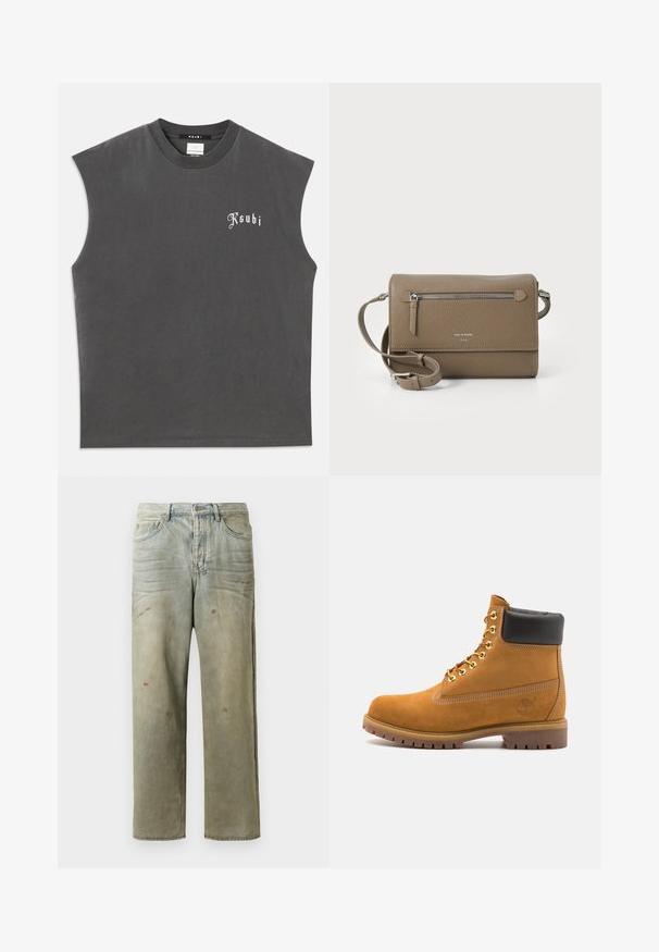 Šedé bezrukávové tričko s kulatým výstřihem, na přední straně s bílým logem "Ksubi". Vyrobeno z měkké bavlny s volným střihem.; Odstřižené džíny v světle zelené barvě, se rovnými nohavicemi, pěti kapsami a nerovnoměrným vyblednutím s barevnými skvrnami.; Hnědé semišové kotníkové boty s černým polstrovaným límcem, zlatými kovovými očky, bílým prošíváním a odolnou gumovou podrážkou s výraznými drážkami.; Taupe kožená crossbody kabelka s přední kapsou na zip, nastavitelním popruhem, texturou z jemných kostek a embosovaným logem na přední straně.