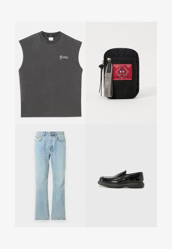 Szürke ujjatlan póló kerek nyakkivágással, fehér "Ksubi" logóval az elején. Puha pamutból készült, laza szabású.; Világoskék farmernadrág egyenes lábbal, klasszikus öt zsebes design, diszkrét kopásnyomokkal és fémből készült gombos záródással a deréknál.; Fekete bőr loafer, fényes felülettel, kerek orral, diszkrét varrási részletekkel és vastag gumitalppal a tartósság érdekében.; Fekete tasak textúrált anyagból, piros folttal a logóval, cipzáros záródással és szürke pánttal, amelyen a márka neve van puhatolózva.