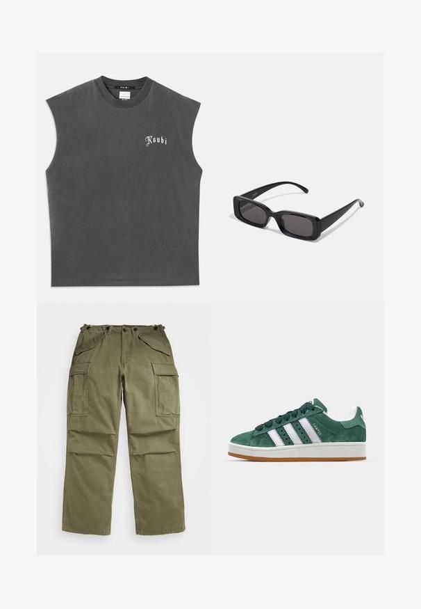 Gray sleeveless t-shirt with a crew neck, featuring a white "Ksubi" logo at the front. Made of soft cotton with a relaxed fit.; Olive green cargo pants made of textured fabric, featuring multiple front and side pockets and reinforced stitching on seams.; Green suede sneaker with white leather stripes, rubber sole, padded collar, and minimalistic design. Features branding on the side.; Black rectangular sunglasses with dark lenses, glossy finish, wide arms, and a chunky frame design. Engraved brand name on one arm.