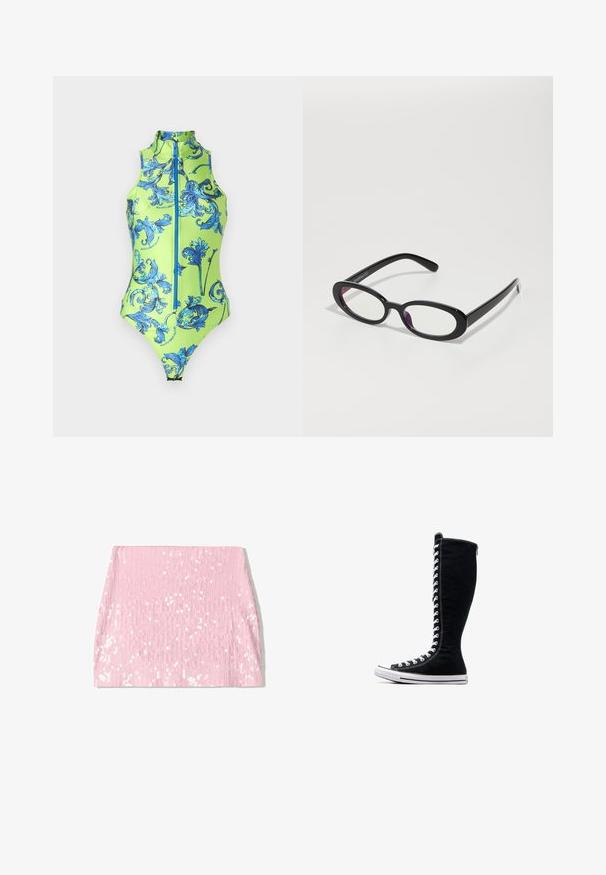 Costum de baie verde cu guler înalt, având un model floral albastru, închidere cu fermoar în față și material neted, elastic.; Fustă mini din paiete roz, cu o textură ribbed verticală, având o siluetă ajustată și paiete strălucitoare pe întreaga suprafață.; Adidași negri cu glezna înaltă, cu un design elevat, realizați din pânză. Acestia au șireturi albe, cusături și o talpă din cauciuc cu capac pentru degete.; Ochelari ovali negri cu lentile transparente, având o finisare netedă și temple late. Lentilele au o nuanță subtilă de mov. Logo pe lateral.