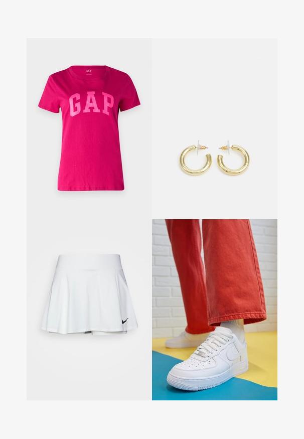 GAP TEE - T-Shirt print - bright beet; Weißer Sportrock mit einem auslaufenden Design, elastischem Bund und integrierten Shorts. Besitzt ein kleines schwarzes Nike-Logo unten rechts.; Weiße Leder-Sneaker mit perforiertem Zehenbereich, strukturiertem Sohlen und weißen Schnürsenkeln, kombiniert mit weiten roten Hosen und einem blauen und gelben Hintergrund.; Goldene Creolen mit einer glatten, glänzenden Oberfläche. Zirkuläres Design mit einem kleinen Stecker und einer klaren Rückseite für einen sicheren Sitz.