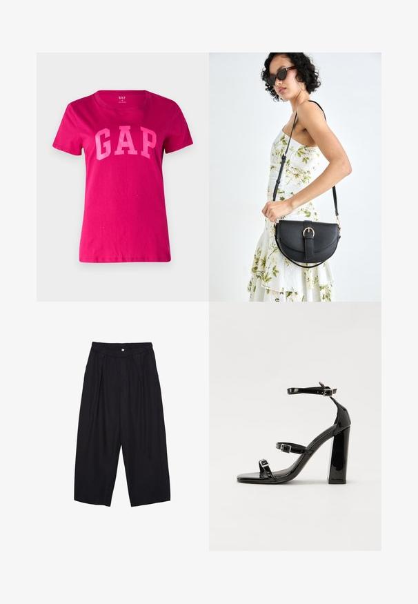 GAP TEE - T-shirts print - bright beet; Sorte polyester culotte bukser med elastisk talje, to forpiber og en løs silhuet. Ingen synlige mønstre eller hardware detaljer.; Sorte patenterede hælsandaler med firkantet tå, ankelremme og sølvspænder. Har en chunky blokHæl for stabilitet.; Sort læderhåndtaske med en buet form, aftagelig rem og guldfinish. Tasken har en klap med en spænde detalje.