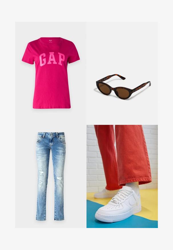 GAP TEE - Camiseta estampada - bright beet; Jeans de mezclilla azul claro con un corte relajado, que presentan detalles desgastados, un cierre de botón con dos botones y piernas rectas.; Zapatilla de cuero blanco con caja de dedos perforada, suela texturizada y cordones blancos, combinada con pantalones rojos amplios y un fondo azul y amarillo.; Gafas de sol de carey marrón con una forma vintage de ojo de gato y lentes marrones. Presentan brazos curvados con acentos rojos.; Aretes de aro de oro con un acabado suave y brillante. Diseño circular que presenta un pequeño post y un respaldo transparente para un uso seguro.