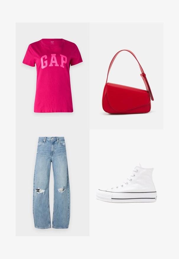 GAP TEE - Nyomott mintás póló - bright beet; Világoskék, magas derekú farmernadrág. Széles lábakkal, két szakadt térddel és klasszikus öt zsebes dizájnnal rendelkezik.; Fehér magaskorsó vászon sportcipő fekete gumi talppal, elülső gumi orrnyereggel és hat fűzőlyukkal, letisztult, minimalista dizájnnal.; Piros bőr kézitáska szögletes, geometrikus kialakítással. Egy állítható pánttal és varrott részletekkel ellátott fedélzárral rendelkezik.
