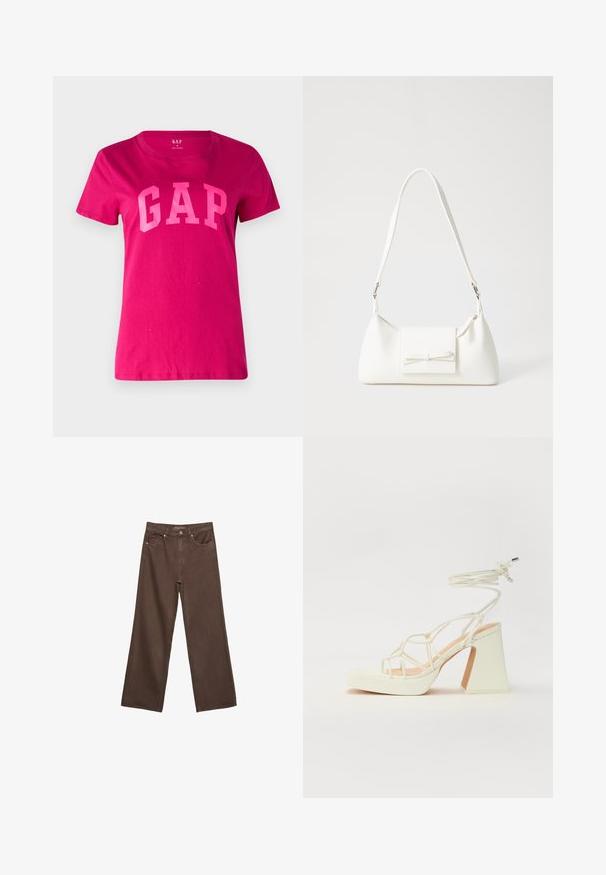 GAP TEE - Potiskana majica - bright beet; Široke rjave kavbojke iz denima, ki imajo visok pas, sprednje žepe in klasično zapiranje na gumb. Gladka tekstura s subtilnim šivom.; Bela sandala na visokih petah s debelim petam, ki ima obliko trakcev in vezanje okoli gležnja. Gladka tekstura z platformo spredaj za dodatno višino.; Bela sintetična torbica v obliki trikotnika, z ravnim sprednjim poklopcem in detajlom mašne, nastavljivim trakom, gladko teksturo in minimalističnim dizajnom.