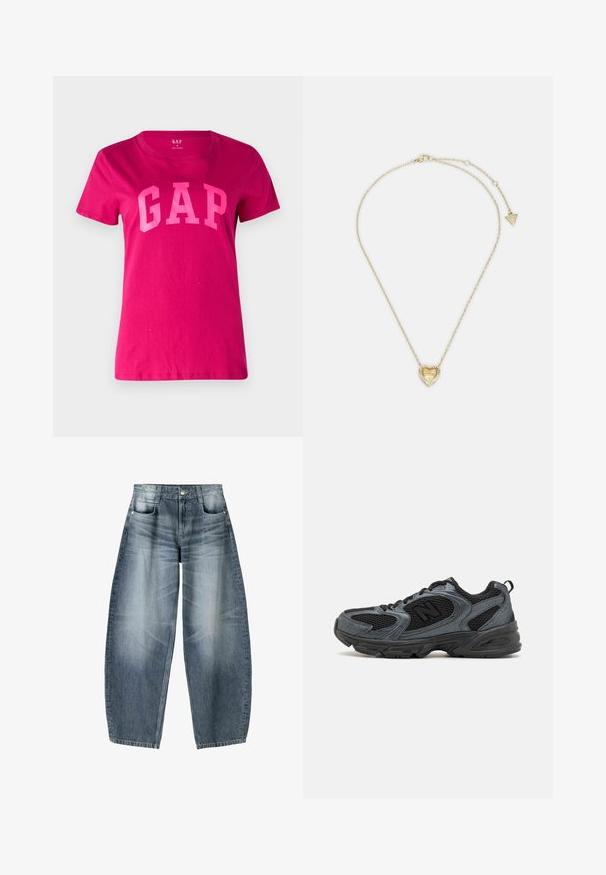GAP TEE - T-Shirt print - bright beet; Weite Jeans aus hellblauem Denim mit Ausbleichungen, im fünf-Taschen-Design, mit Knopfverschluss und minimalen Nähtelementen.; Schwarz und graue Sportschuhe mit einem strukturierten Mesh-Obermaterial, Gummisohle und unterstützendem Design. Verfügt über ein Logo und ein Schnürsystem.; Guess MON AMOUR - Halskette - yellow gold-coloured